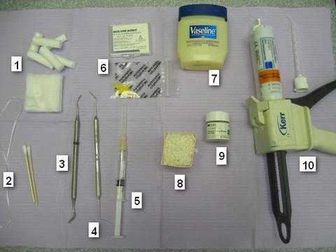 Cast Gold Post and Core Set-up tray set-up, endodontic explorer, plastic instrument,  plastic sprue