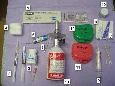 Endodontic Therapy tray Set-Up, root canal, adsorbent paper points, sodium hypochlorite apex locator