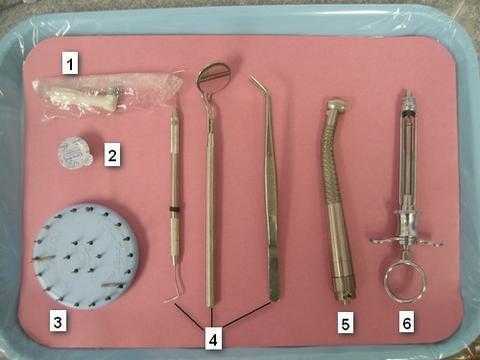 Porcelain Veneer Laminates Prep tray Set-Up, pumice, syringe, anesthetic vials,  curing light
